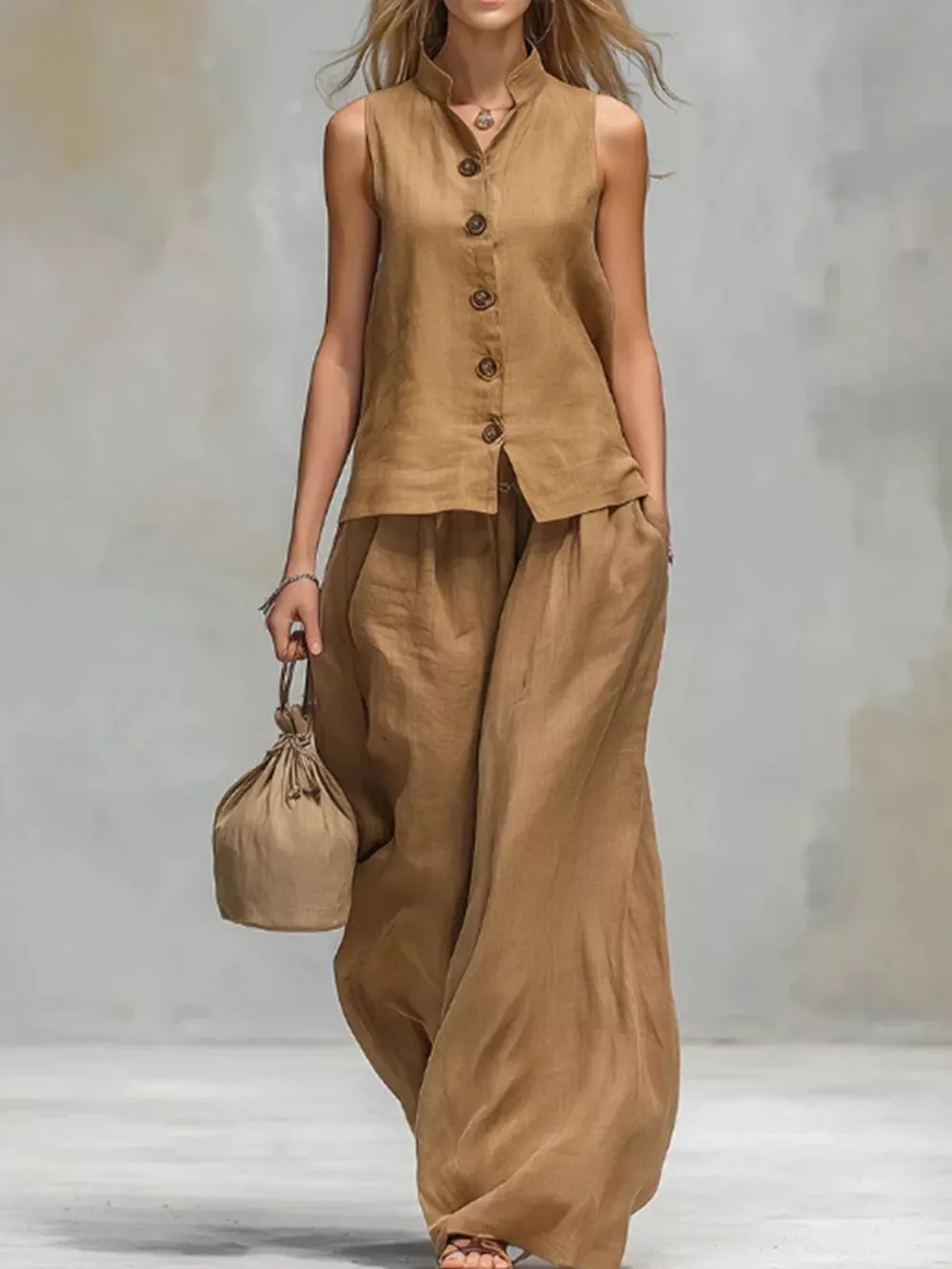 Sleeveless Button-Down Top and Wide-Leg Pant Set