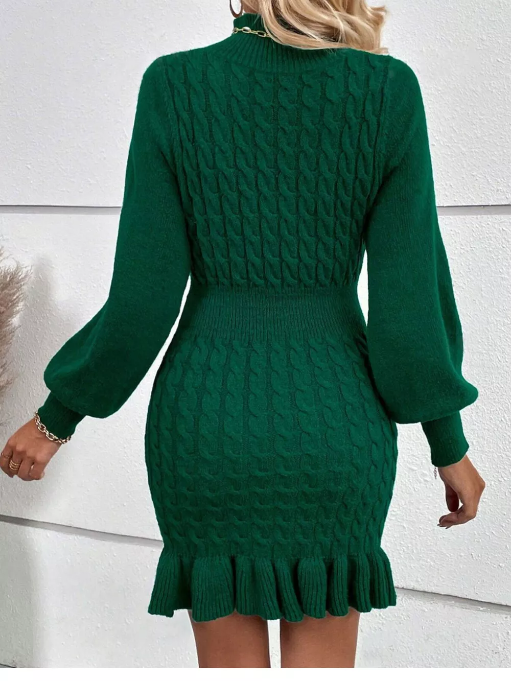 Cable Knit Mock Neck Ruffle Hem Sweater Dress, image 7