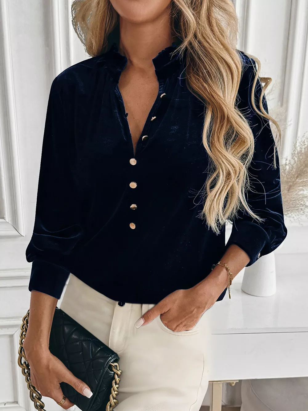 Velvet Button Front Long Sleeve Blouse, image 11