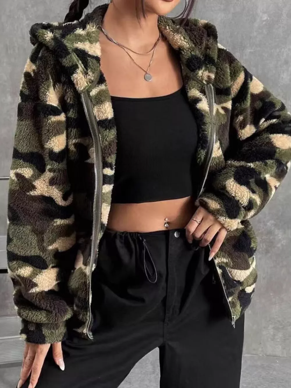 Camo Print Fuzzy Zip Up Outerwear