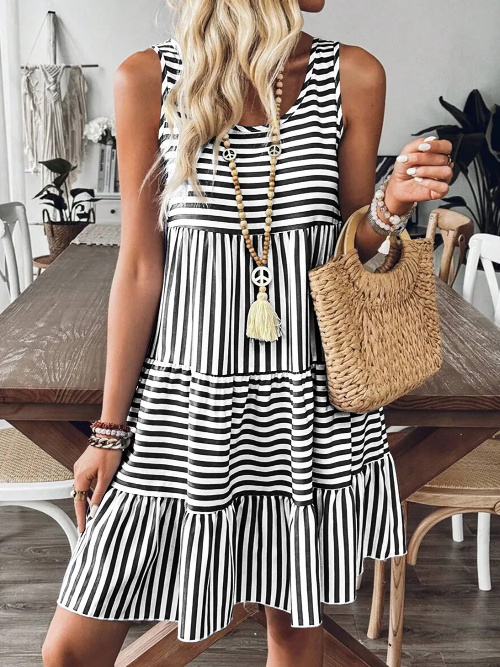Casual Striped Tiered Ruffle Tank Dress, image 13