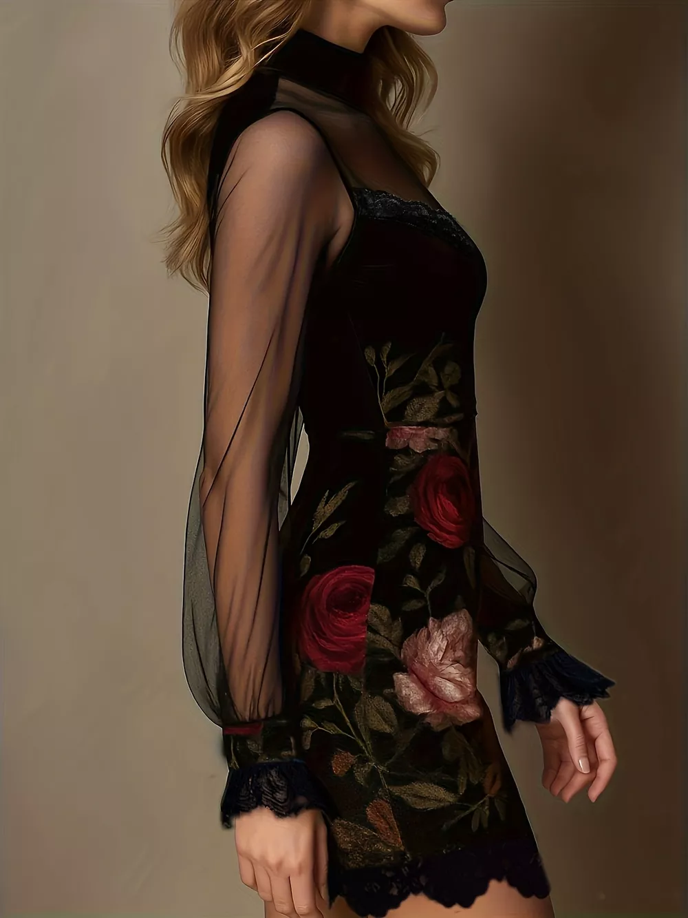 Floral Velvet Mini Dress with Sheer Mesh Sleeves, image 10