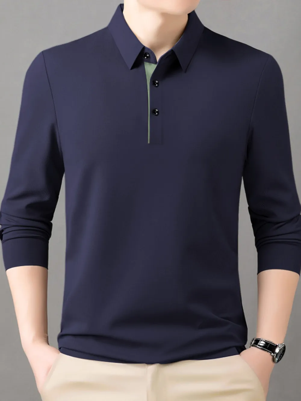 Men's Button Detail Long Sleeve Polo, image 3