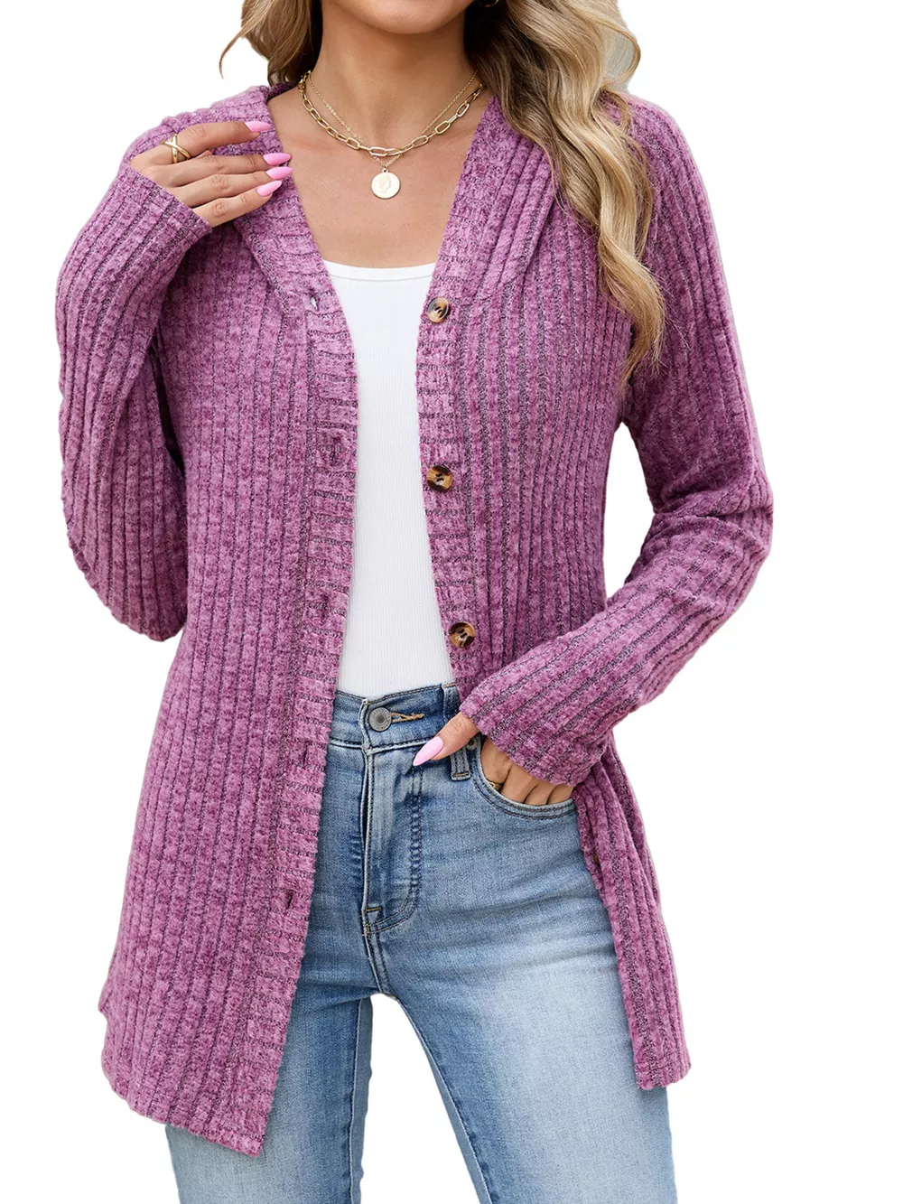 Ribbed Knit Hooded Button-Down Cardigan, image 2