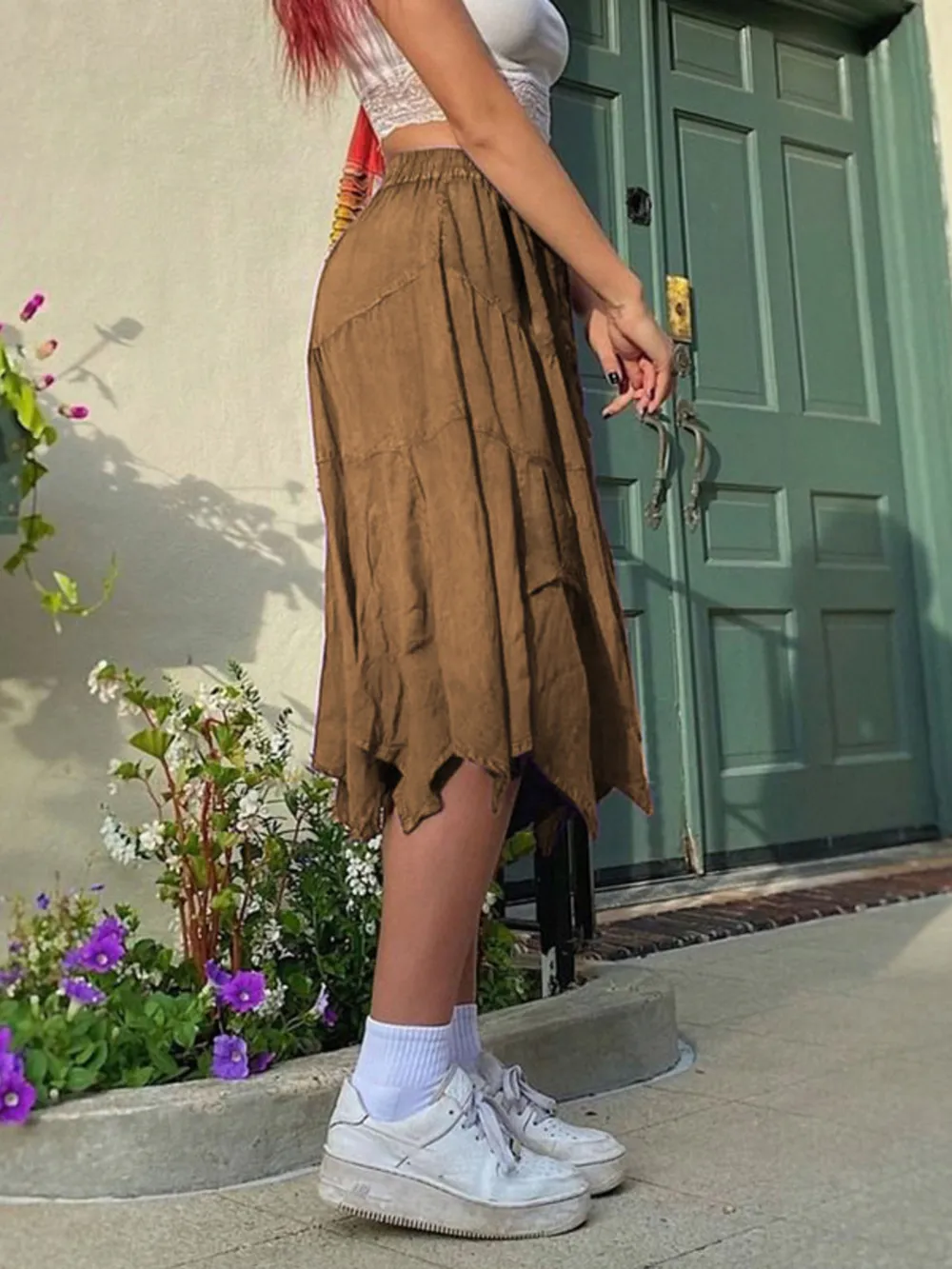 Asymmetrical Hem Midi Skirt with Drawstring Waist, image 3