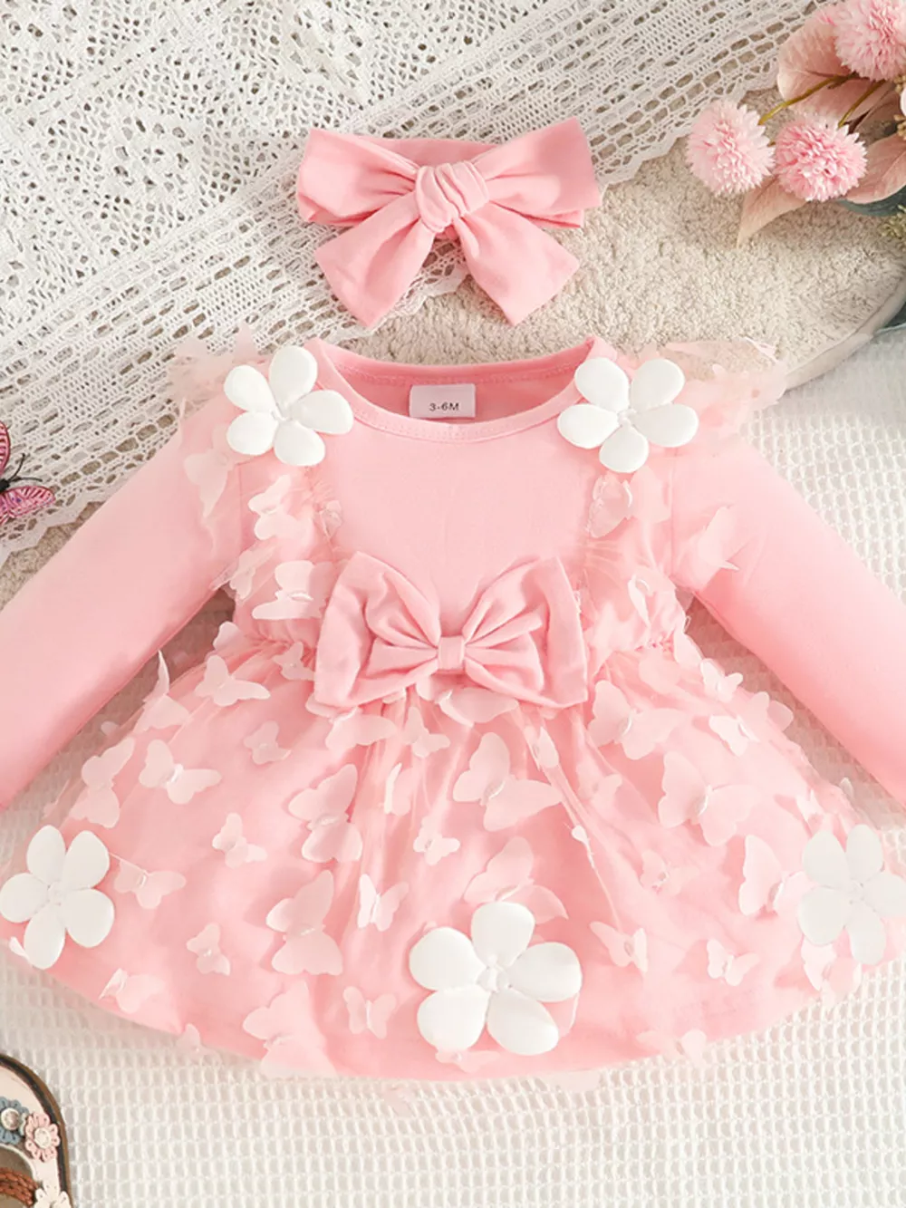 Children's Butterfly Decor Flower Applique Dress with Headband