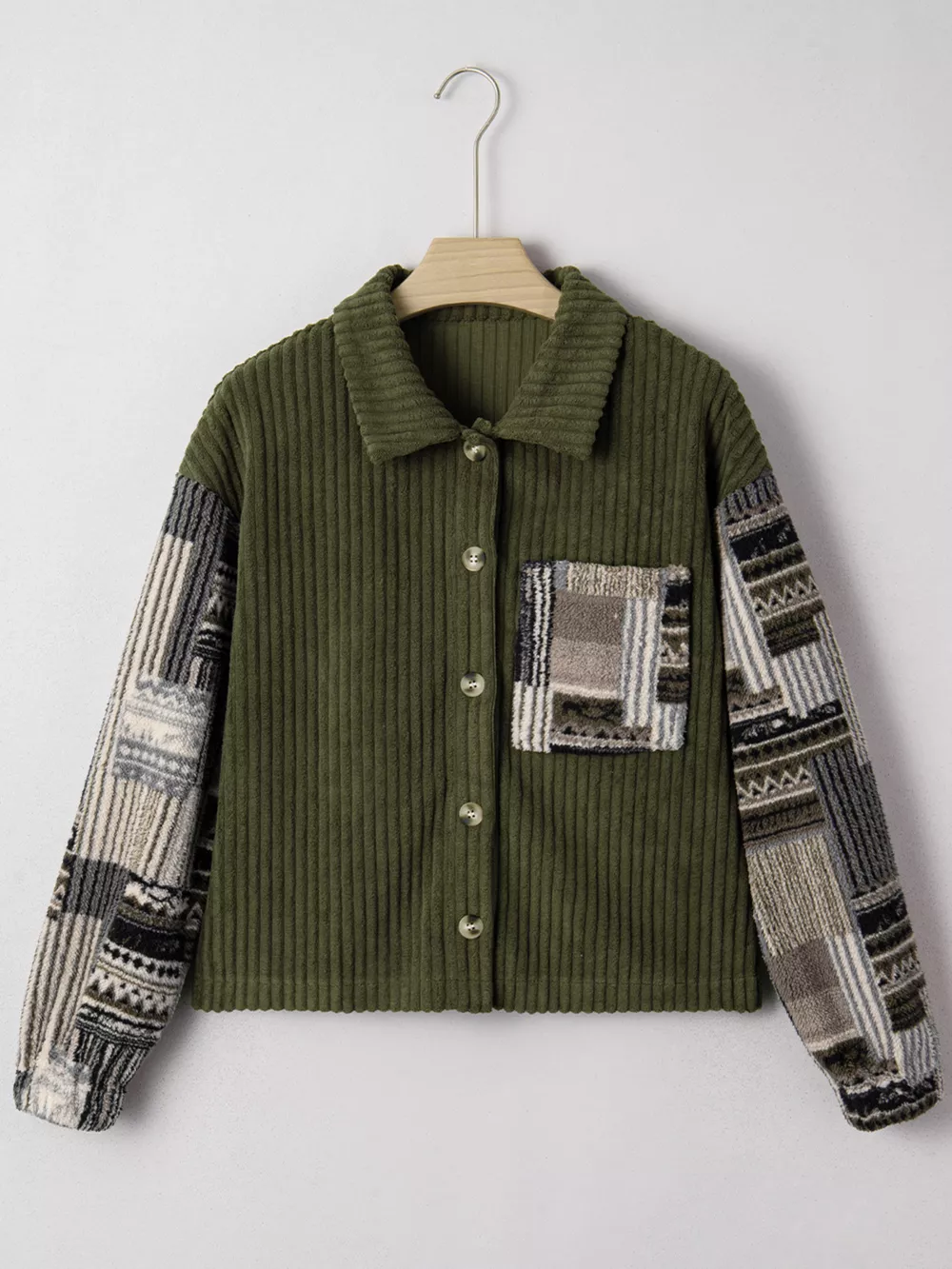 Ribbed Fleece Plaid Print Patchwork Button Up Jacket, image 9