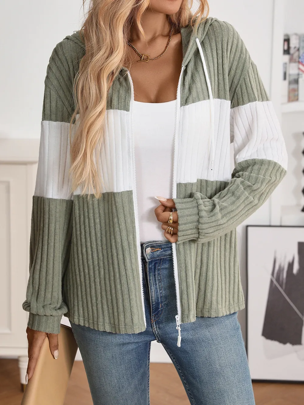 Drawstring Color Block Zip Up Outerwear, image 10