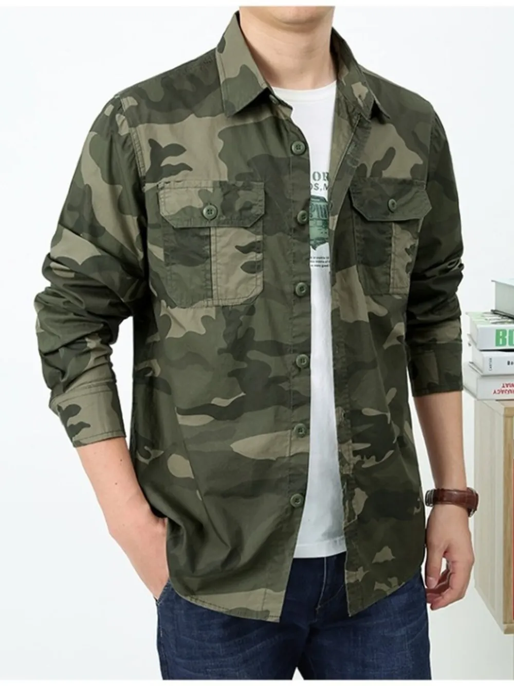 Men's Plus Size Camouflage Print Long Sleeve Shirt, image 2