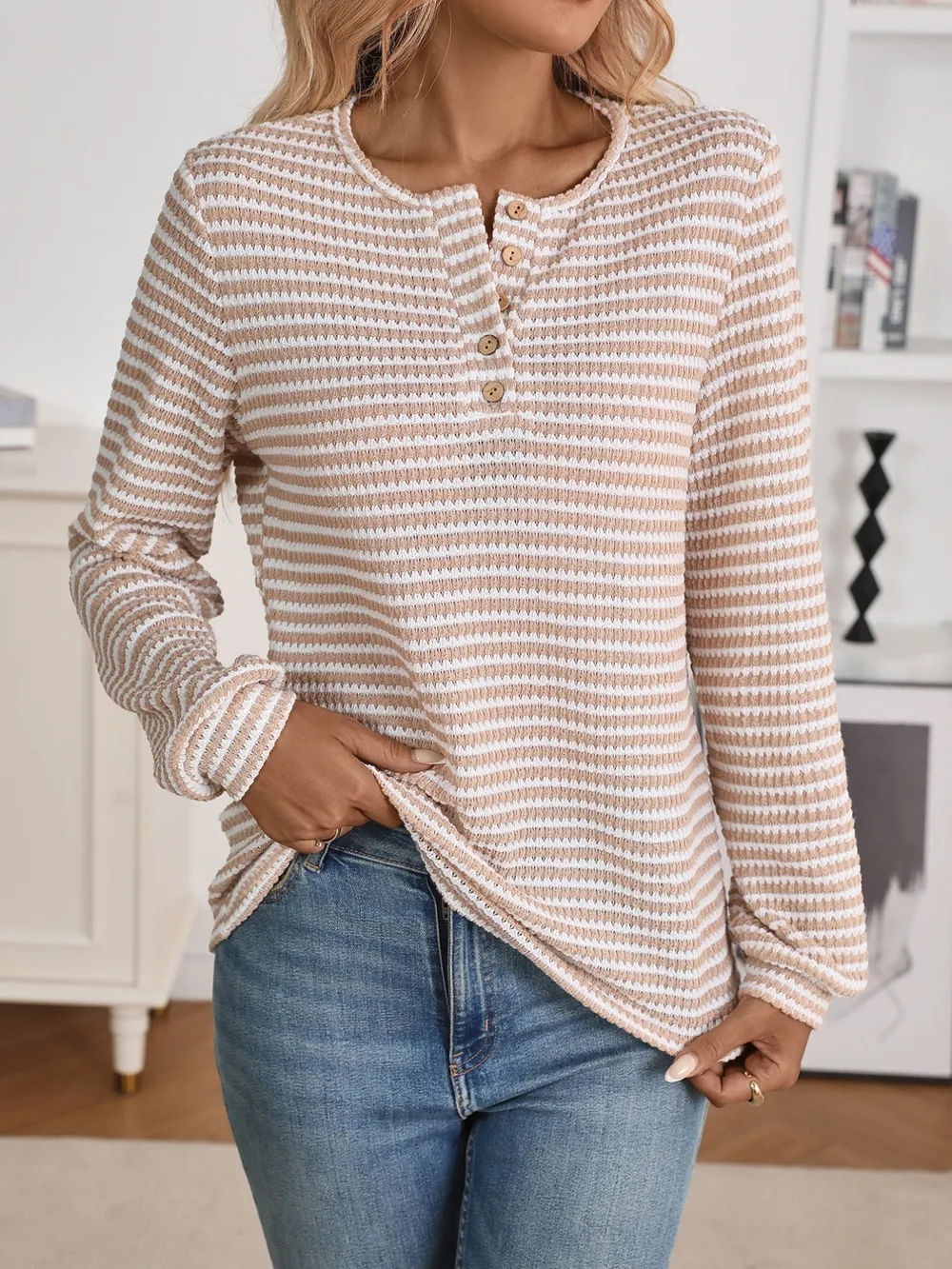 Striped Button Detail Long Sleeve Top, image 20