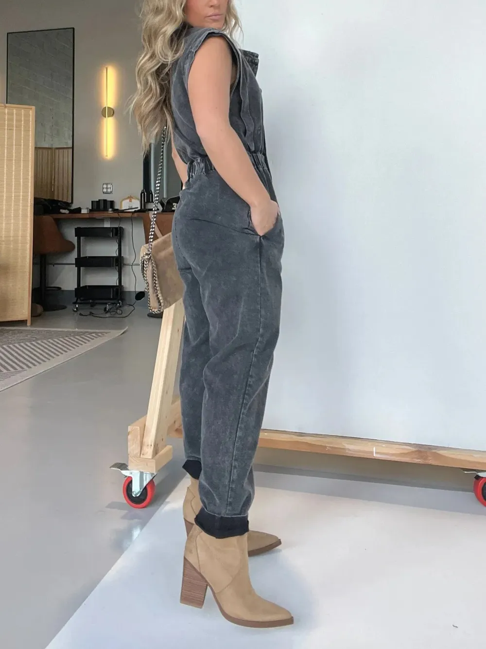 Full Size Button Front Cap Sleeve Denim Jumpsuit Plus Size, image 4