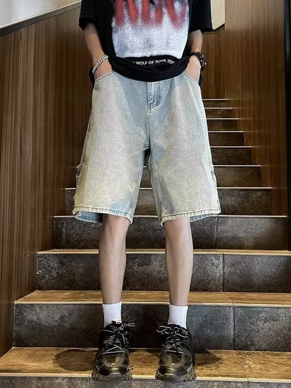 Men's Plus Size Loose Fit Wash Denim Shorts, image 2