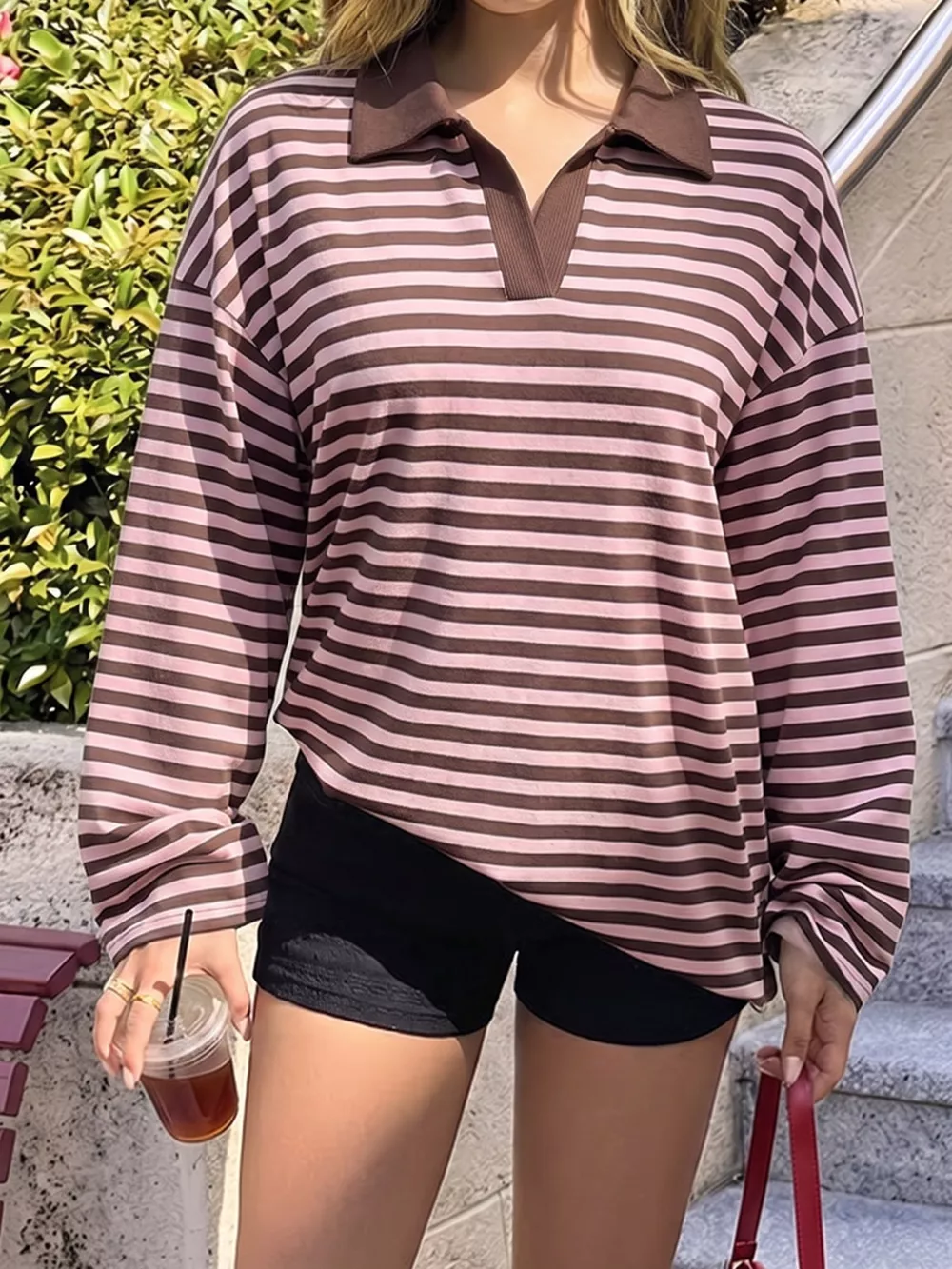 Vintage Striped Polo Collar Long Sleeve Top, image 4