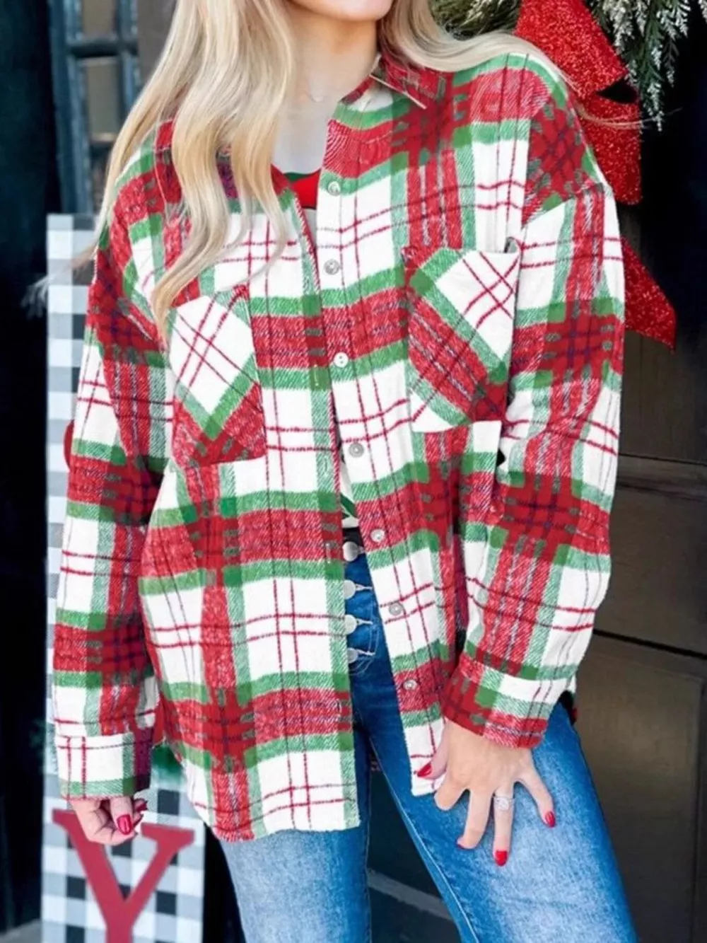 Plaid Button-Down Long Sleeve Shacket, image 3