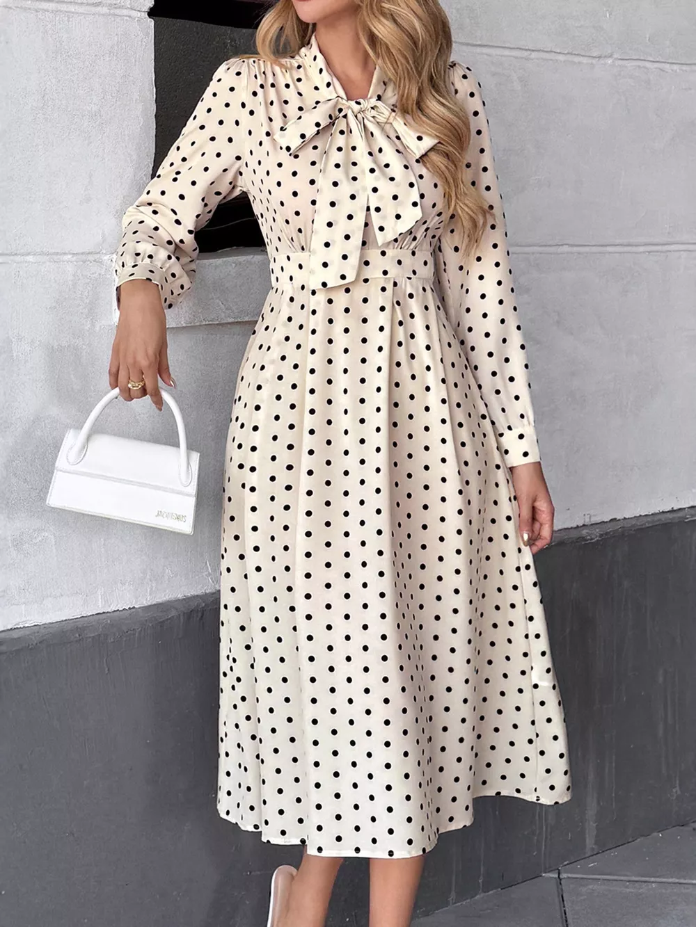 Polka Dot Tie Front Long Sleeve Midi Dress, image 9