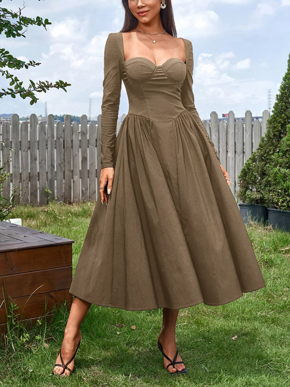 Sweetheart Neckline Long Sleeve A-Line Midi Dress, image 12