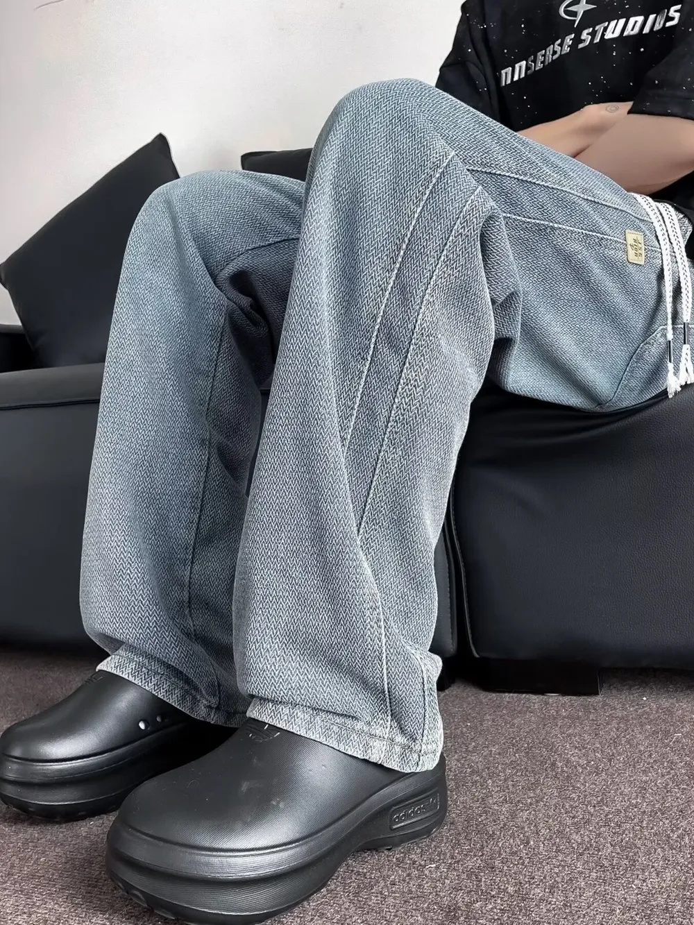 Men's Plus Size Drawstring Washed Wide Leg Jeans, image 5