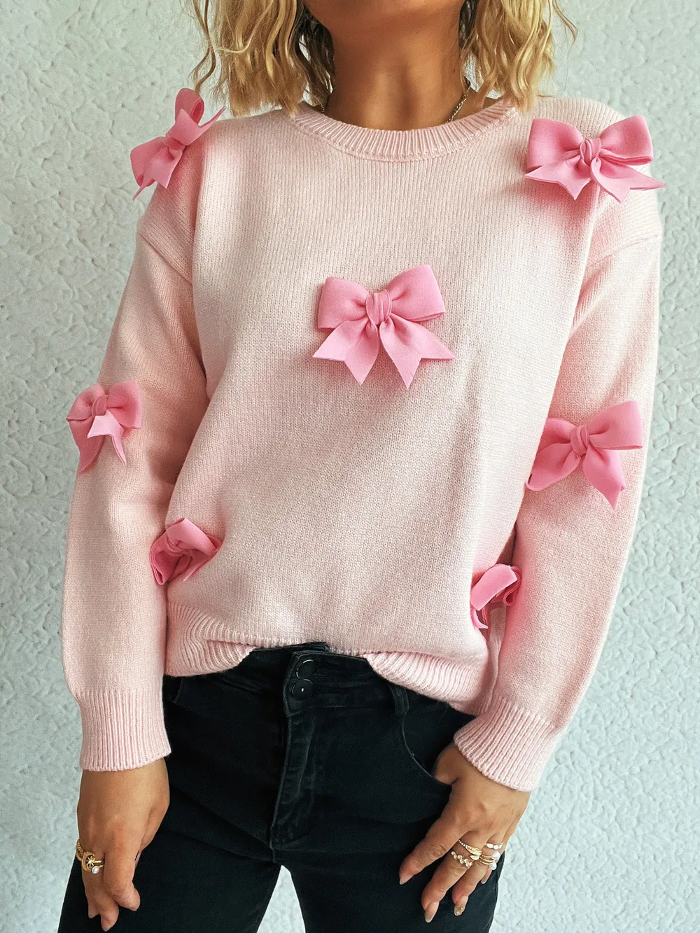 Bow Round Neck Long Sleeve Sweater, image 9