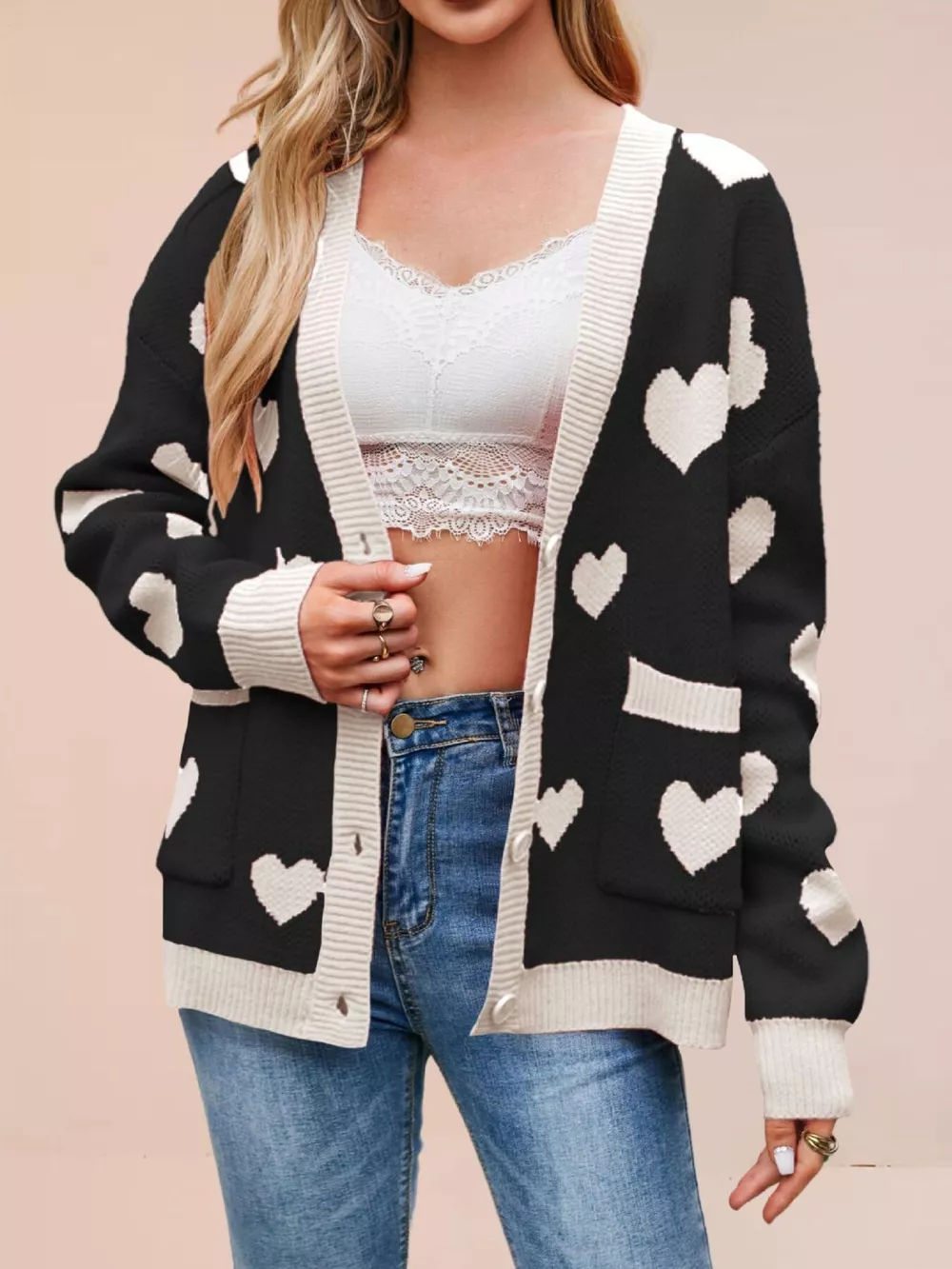 Heart Pattern V-Neck Button-Down Knit Cardigan, image 8