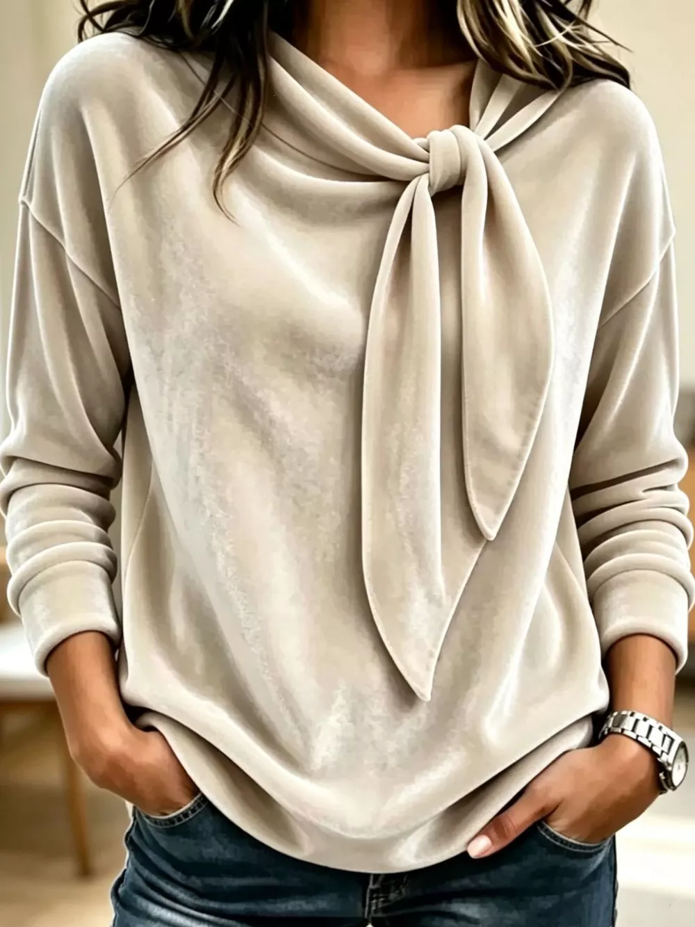Velvet Tie-Neck Long Sleeve Sweatshirt, image 5