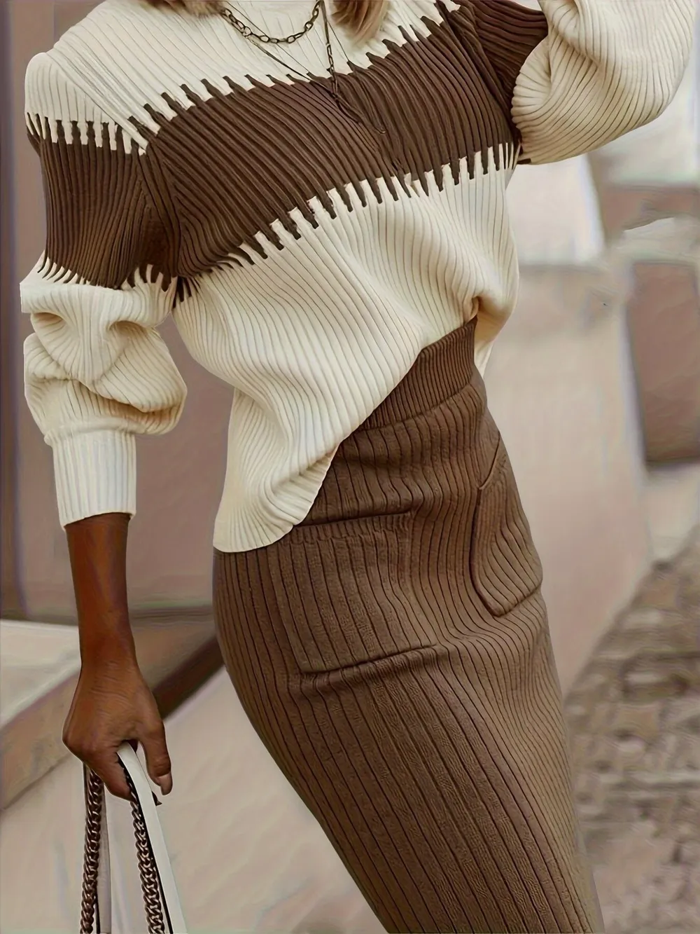 Two-Tone Ribbed Knit Top and Skirt Sweater Set, image 13