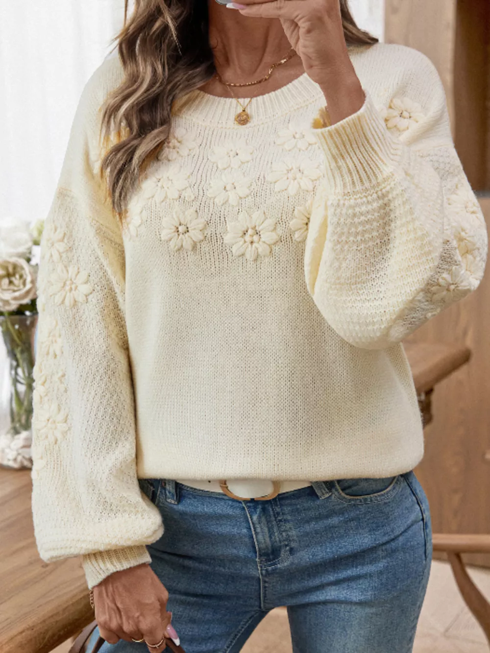 Flower Round Neck Long Sleeve Sweater, image 4