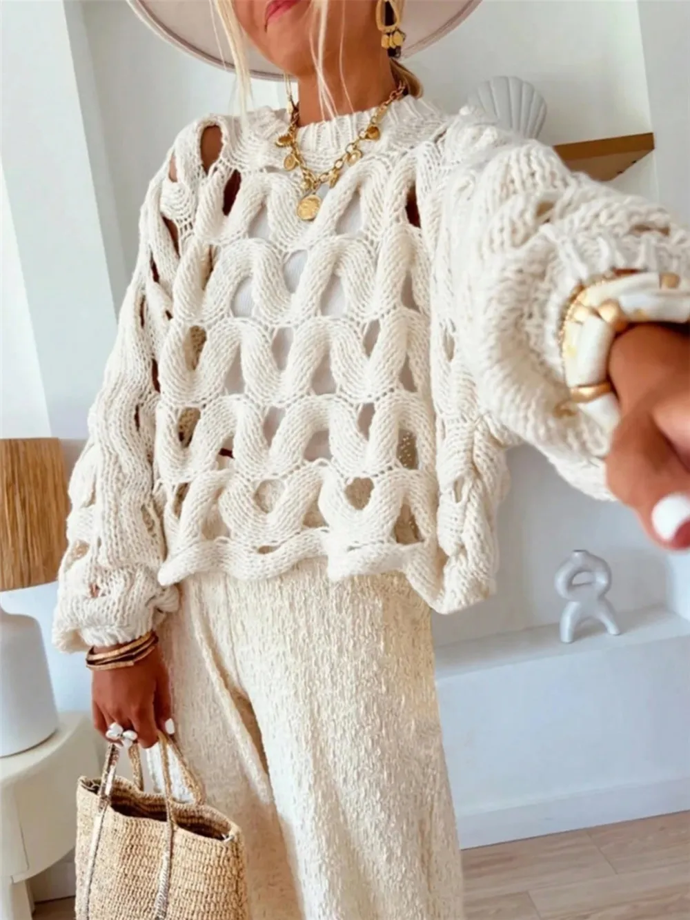 Chunky Cable Knit Hollow Out Sweater, image 8