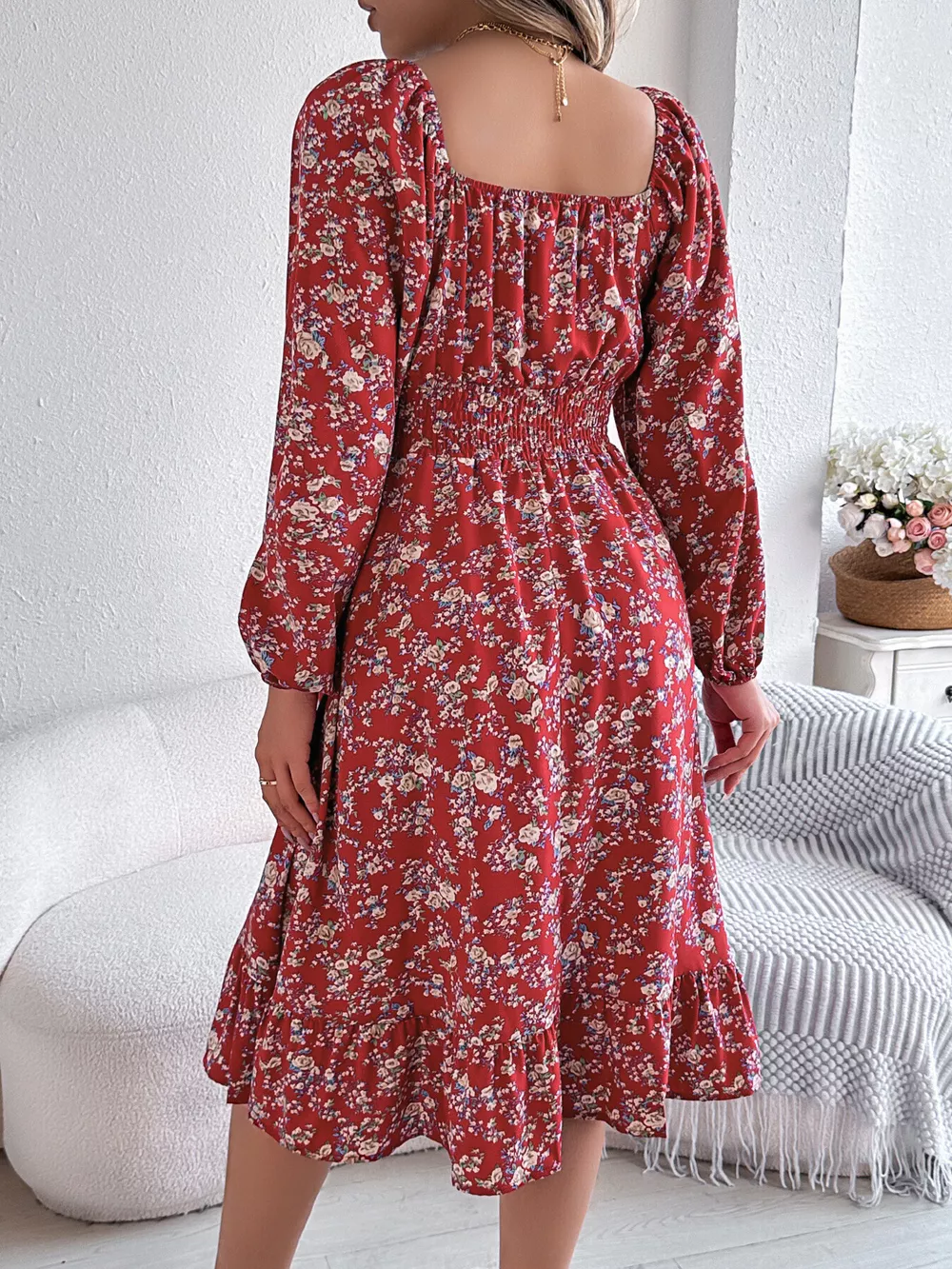 Floral Print Long Sleeve Square Neck Midi Dress, image 21
