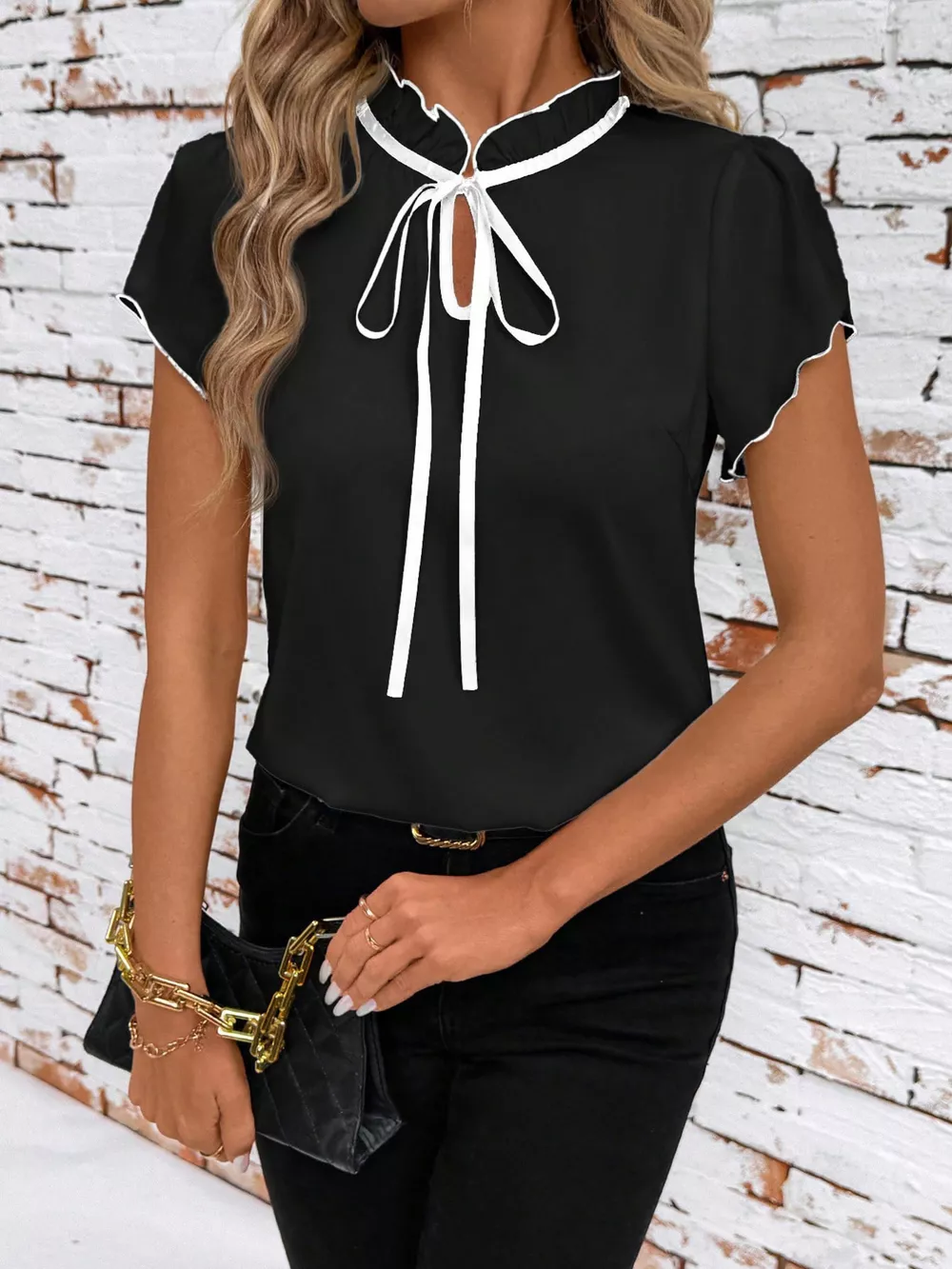 Tie Neck Short Sleeve Blouse, image 33