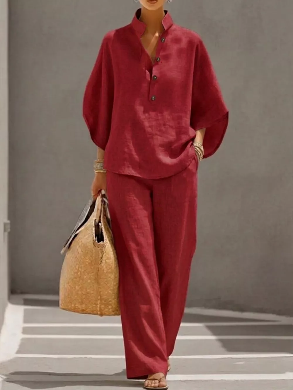 Full Size Button Detail 3/4 Sleeve Top and Pants Set Plus Size, image 9