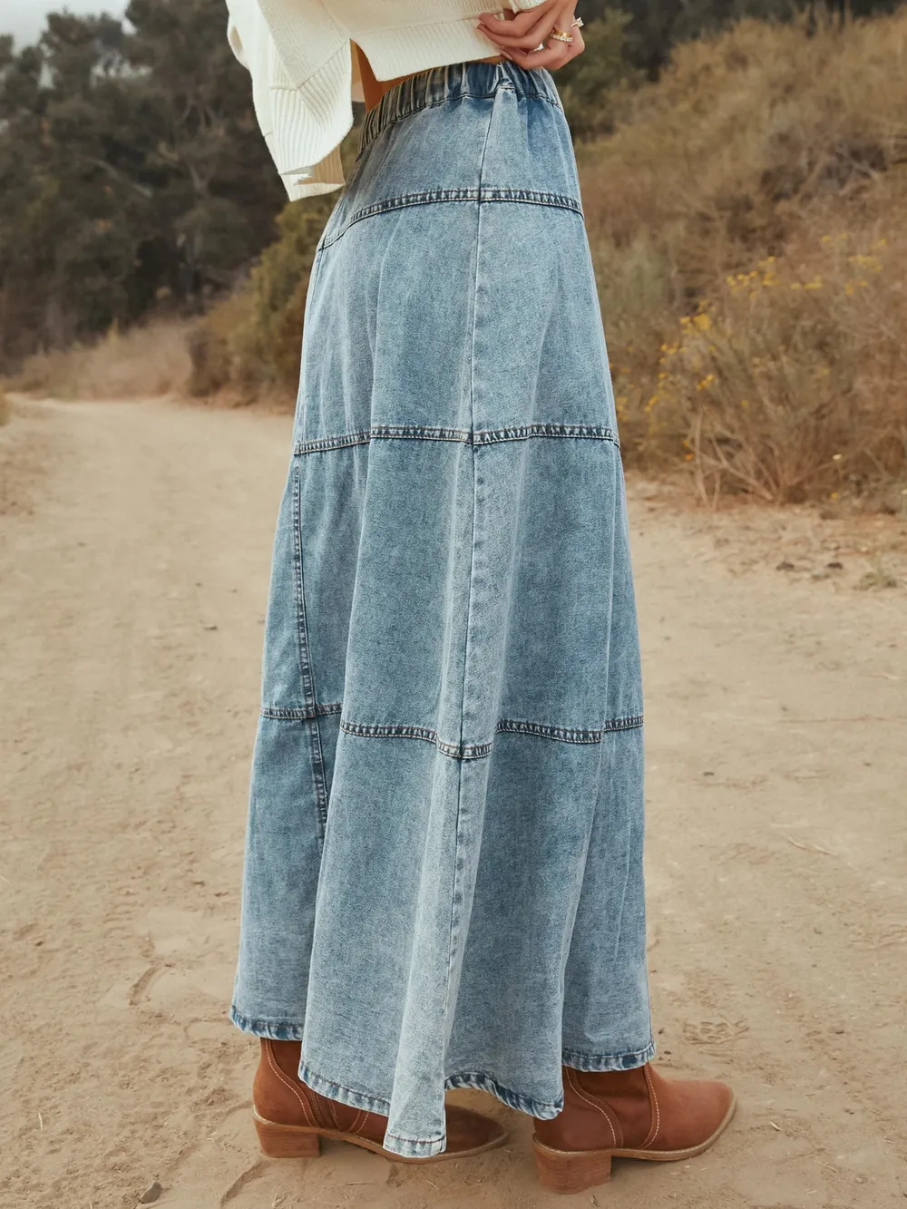 Button-Front Tiered Maxi Denim Skirt, image 4