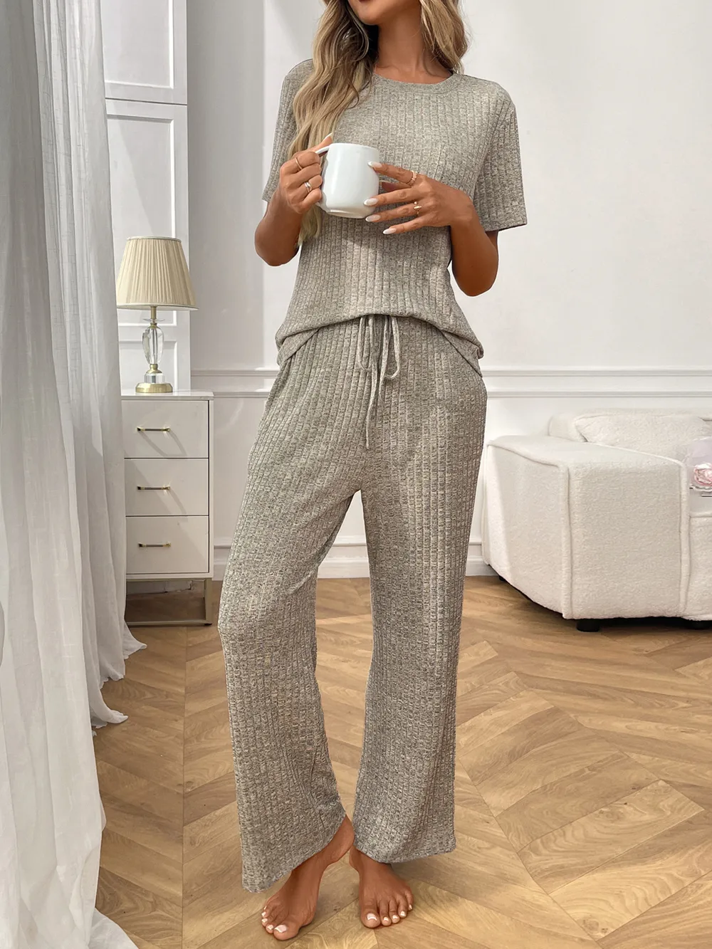 Ribbed Knit Short Sleeve Top and Pants Lounge Set, image 14