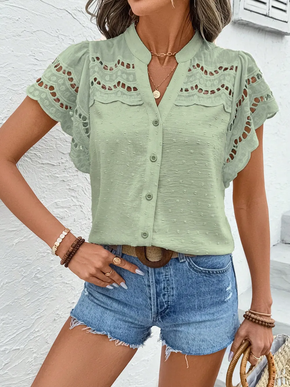 Swiss Dot Cutout Button Down Shirt, image 24
