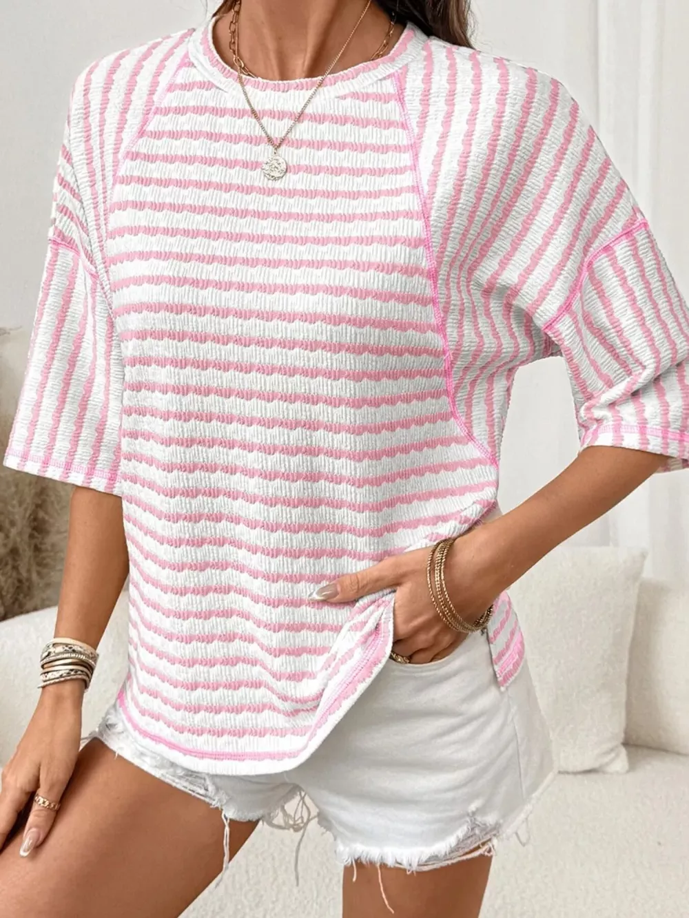 Casual Striped Raglan Sleeve Textured T-Shirt, image 7