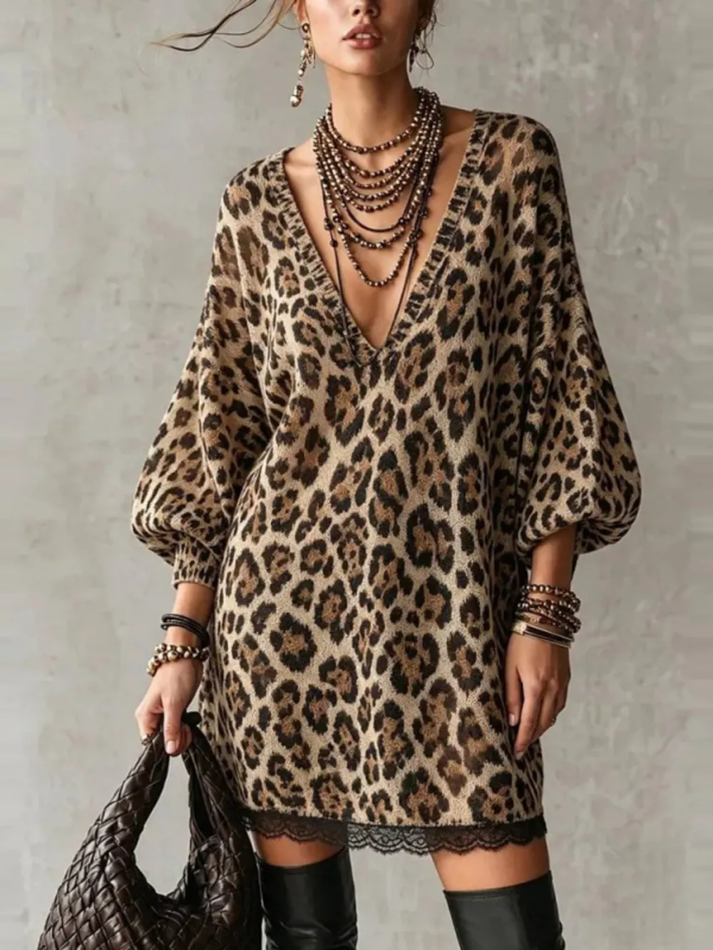 Leopard Print V-Neck Dress with Lace Hem