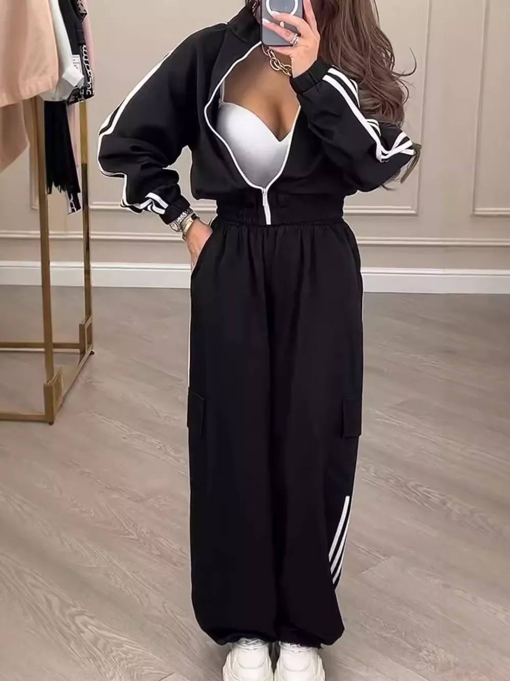 Full Size Side Striped Zip Up Outerwear and Pants Set Plus Size, image 4