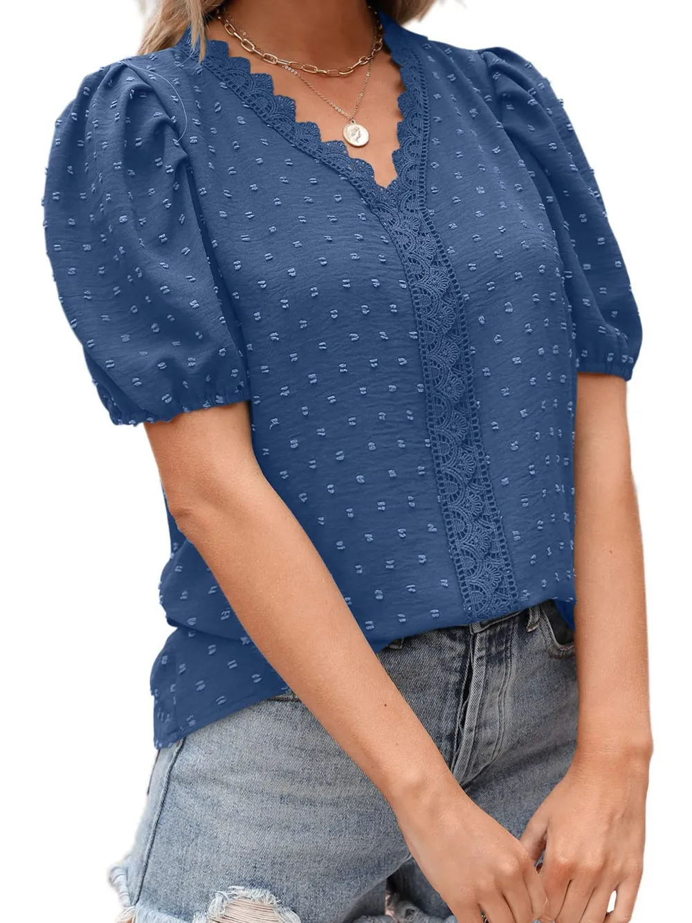 Puff Sleeve Swiss Dot Lace Trim Blouse, image 19