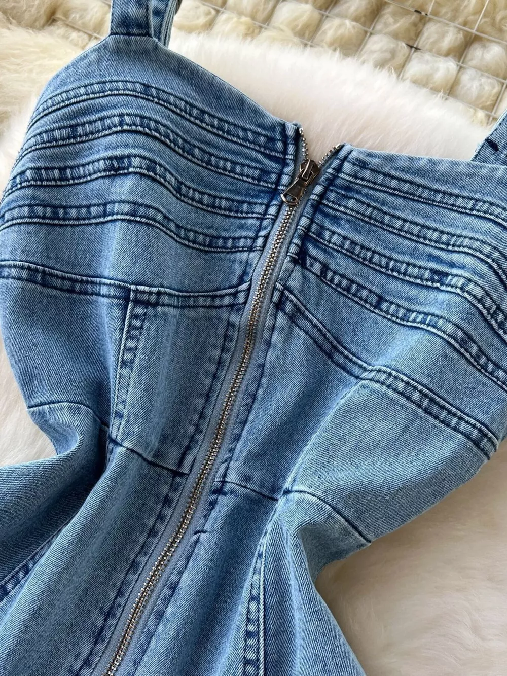 Sleeveless Zipper Front A-Line Denim Dress, image 4