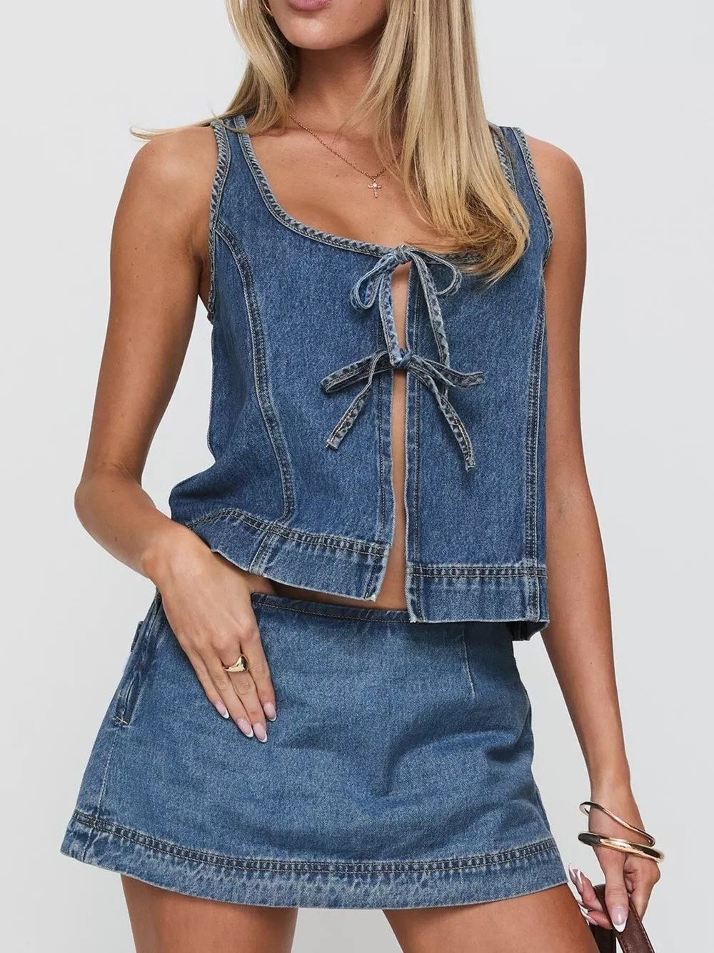 Tie-Front Tank and Skirt Denim Set