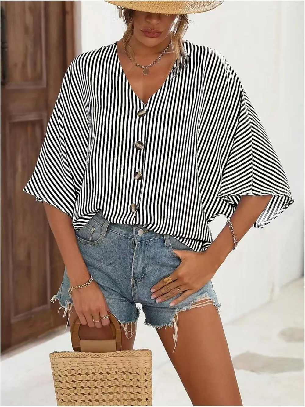 V-Neck Striped Batwing Sleeve Casual Blouse, image 12