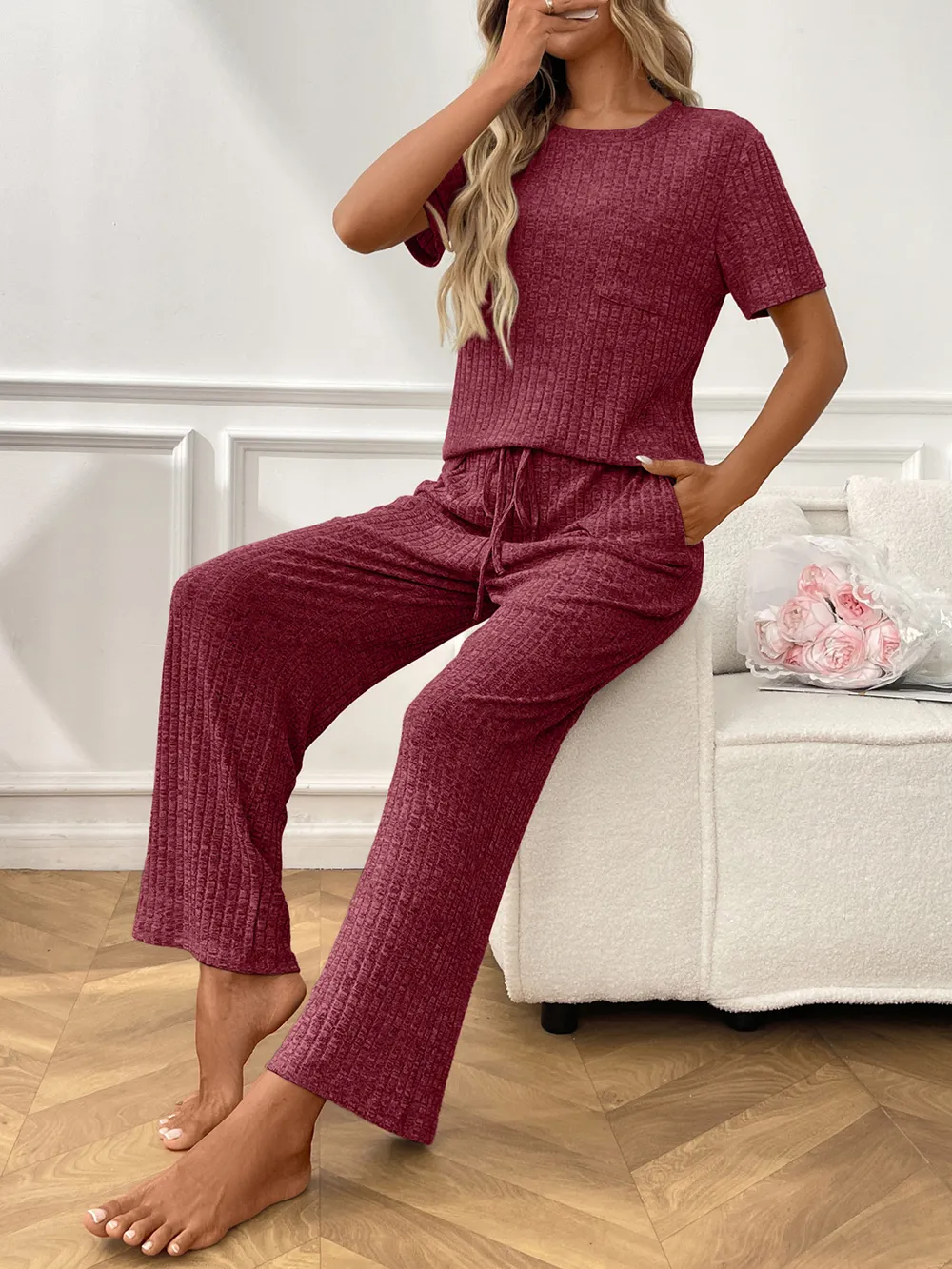 Ribbed Knit Short Sleeve Top and Pants Lounge Set, image 15