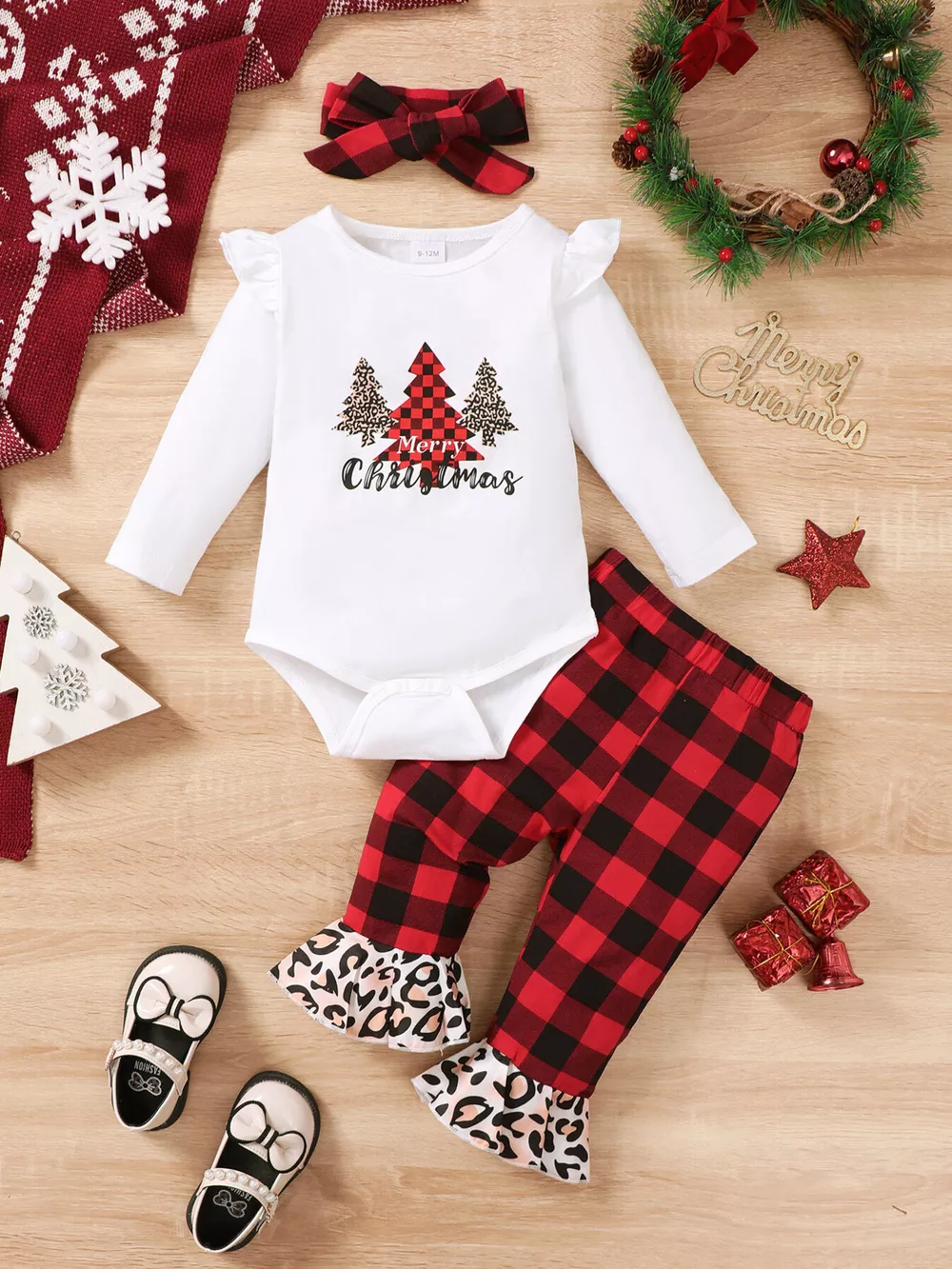 Children's Christmas Tree Graphic Top and Plaid Ruffle Pants Set with Headband, image 4