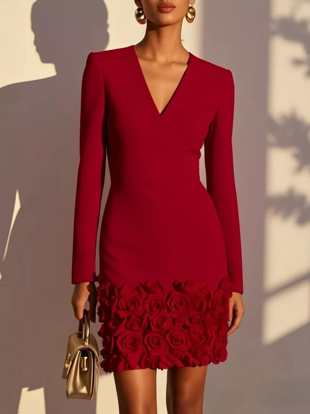 V-Neck Long Sleeve Mini Dress with 3D Rose Floral Hem, image 11