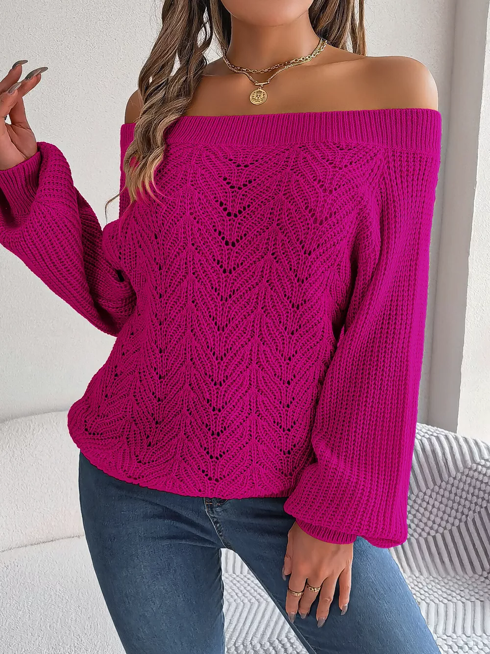 Openwork Off-Shoulder Sweater, image 29