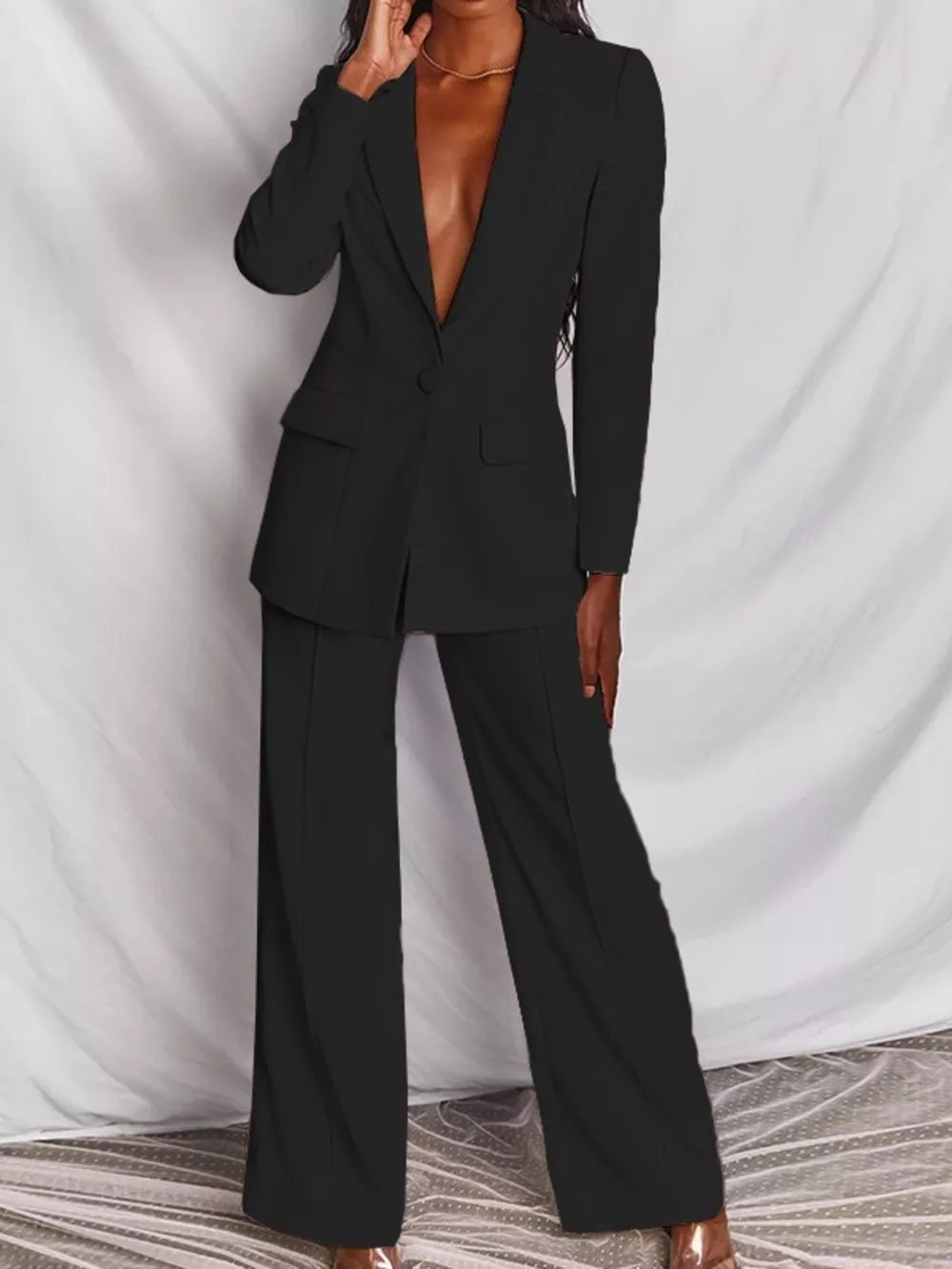 Full Size One Button Blazer and Wide-Leg Pants Set Plus Size, image 5