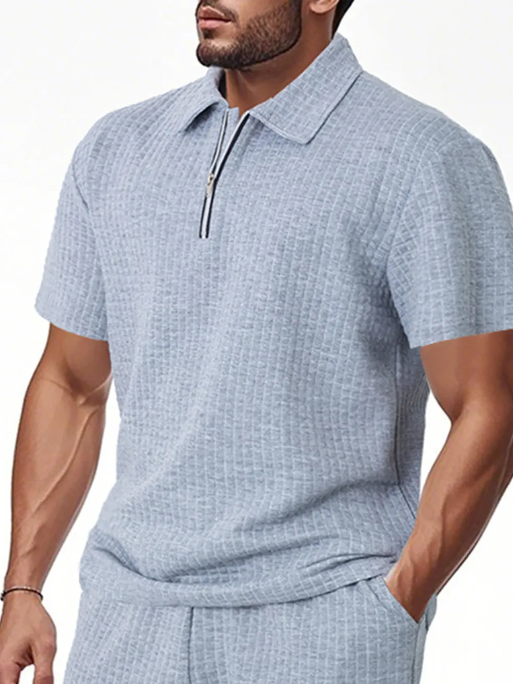 Men's Full Size Waffle Short Sleeve Polo with Zipper Detail Plus Size, image 6