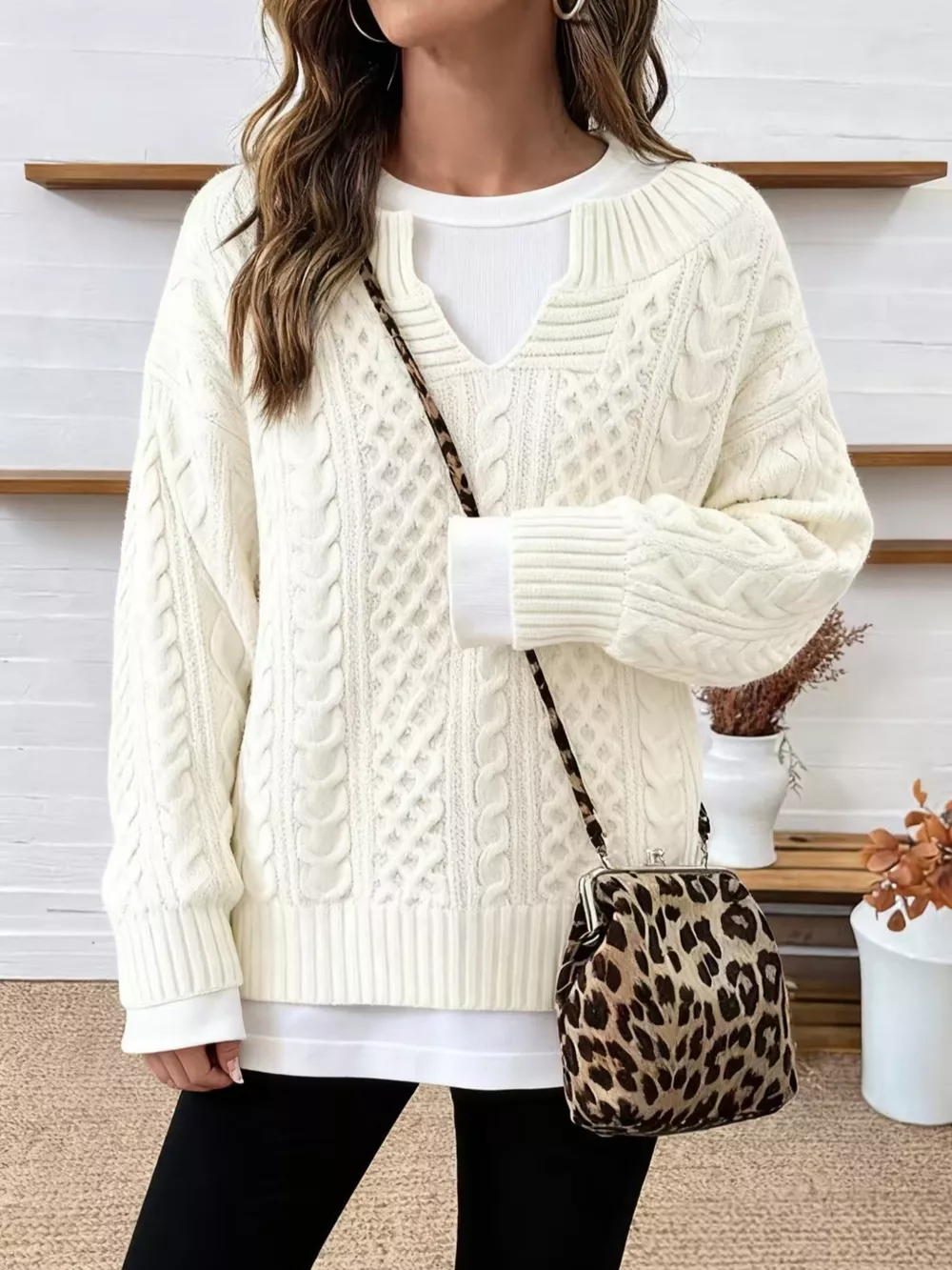 Full Size Cable Knit Dropped Shoulder Sweater Plus Size, image 7