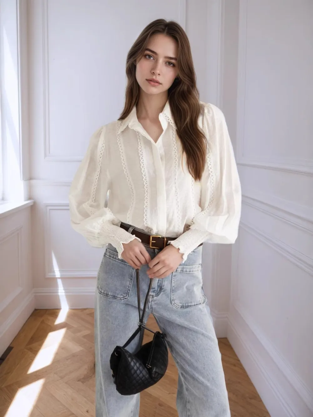 Collared Neck Lantern Sleeve Shirt, image 4