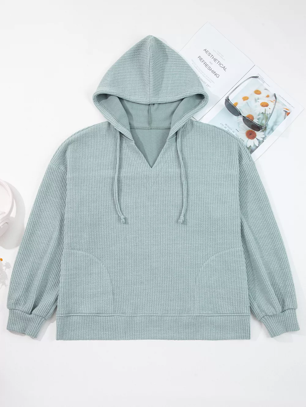Ribbed Drop Shoulder Knit Hoodie, image 9