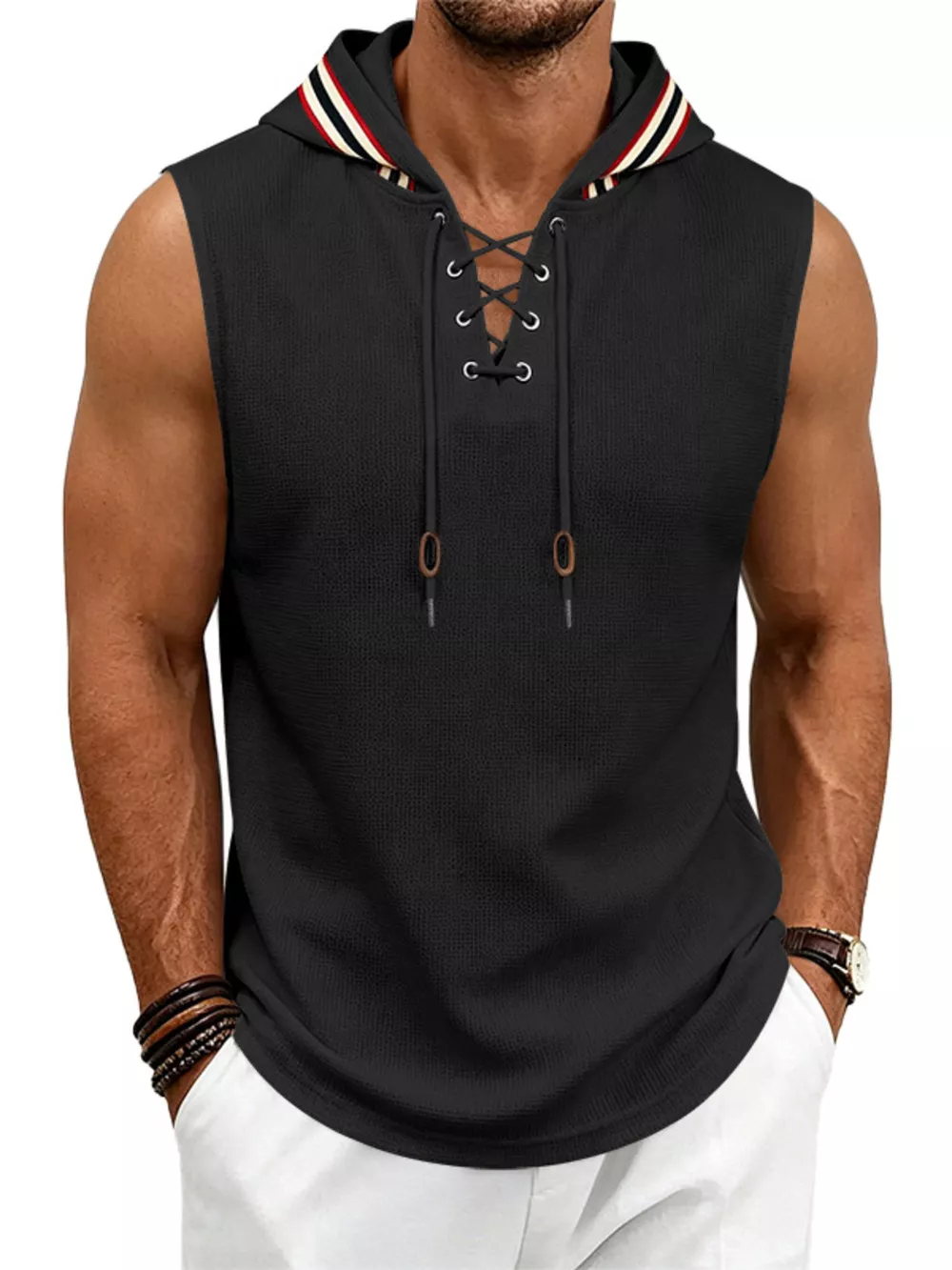 Men's Full Size Lace Up Hooded Vest Plus Size
